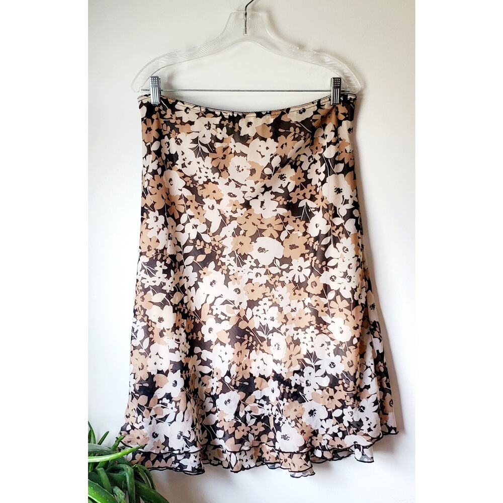 😺 Vintage Briggs New York Brown Floral Ruffled Skirt Size Large 90s Y2K Boho